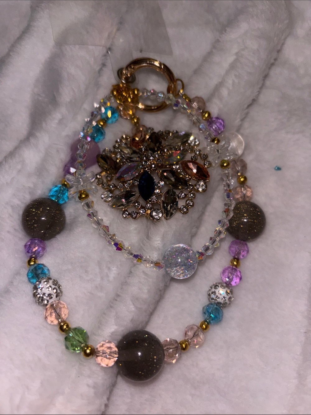 Beaded Crystal Bag Charm Keyring phone wristlet- Pink Multicolor - Picture 3 of 3